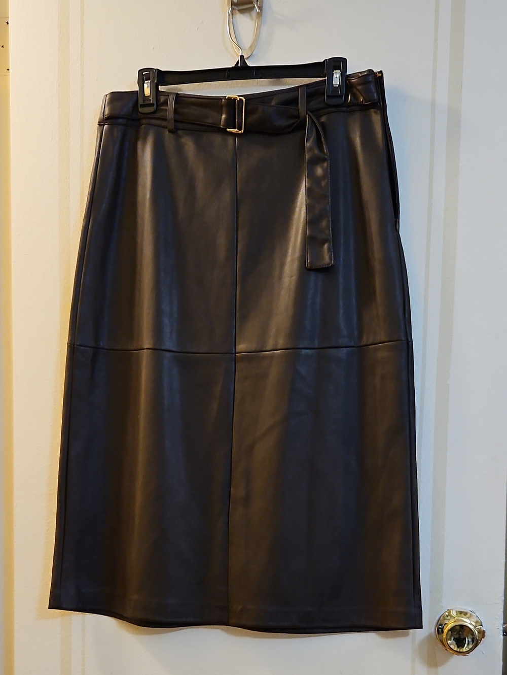 Marc New York,  Andrew Marc Faux Leather Chocolate Brown Midi Skirt with Belt
